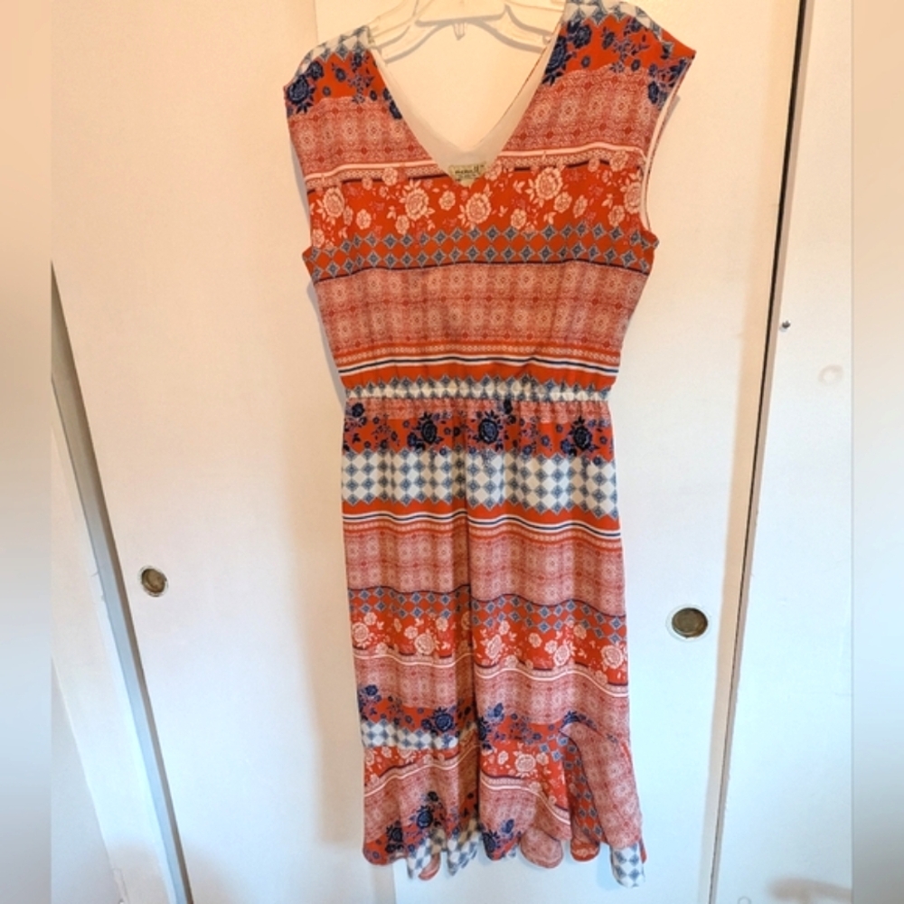 One World Midi Dress Size Medium Floral Striped + Paisley Pattern Boho Red Blue